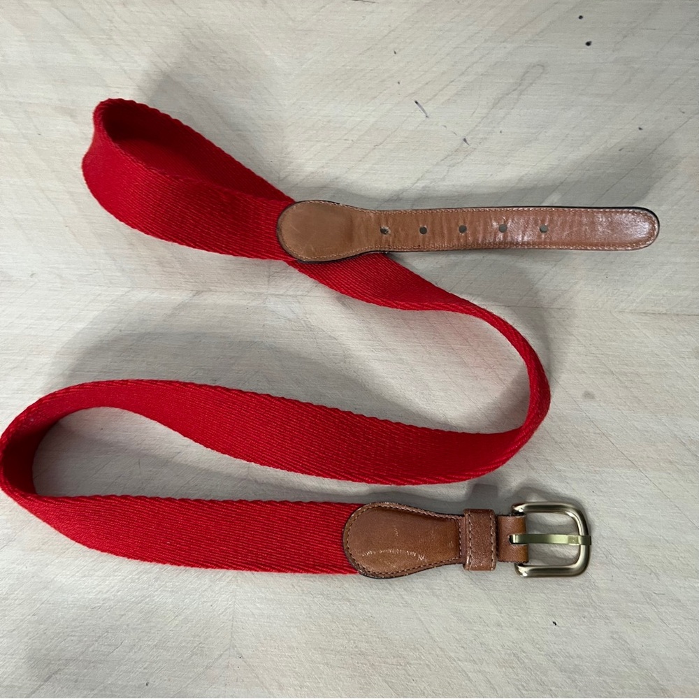 Unbranded Woven Red Wool Belt with Brown Leather Ends and Solid Brass Buckle 40